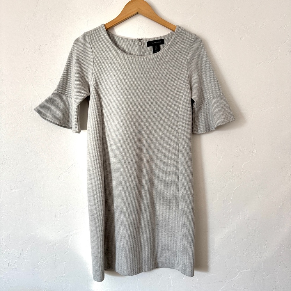 Tahari Grey Sheath Dress with Ruffles